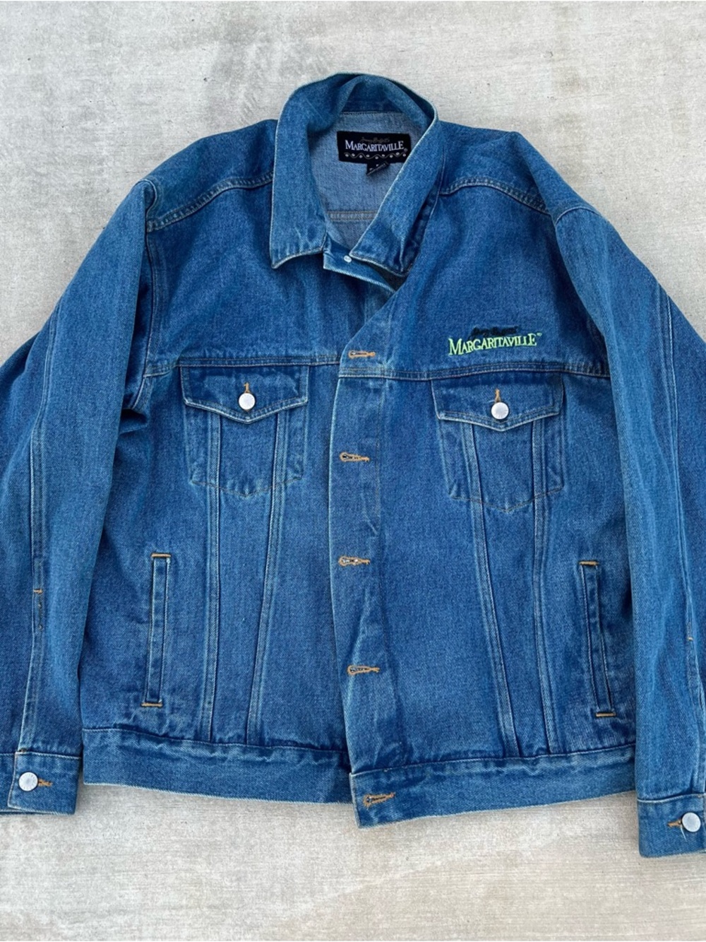 Vintage Margaritaville Jimmy Buffett Blue Denim Jacket Embroidered Orlando Sz XL